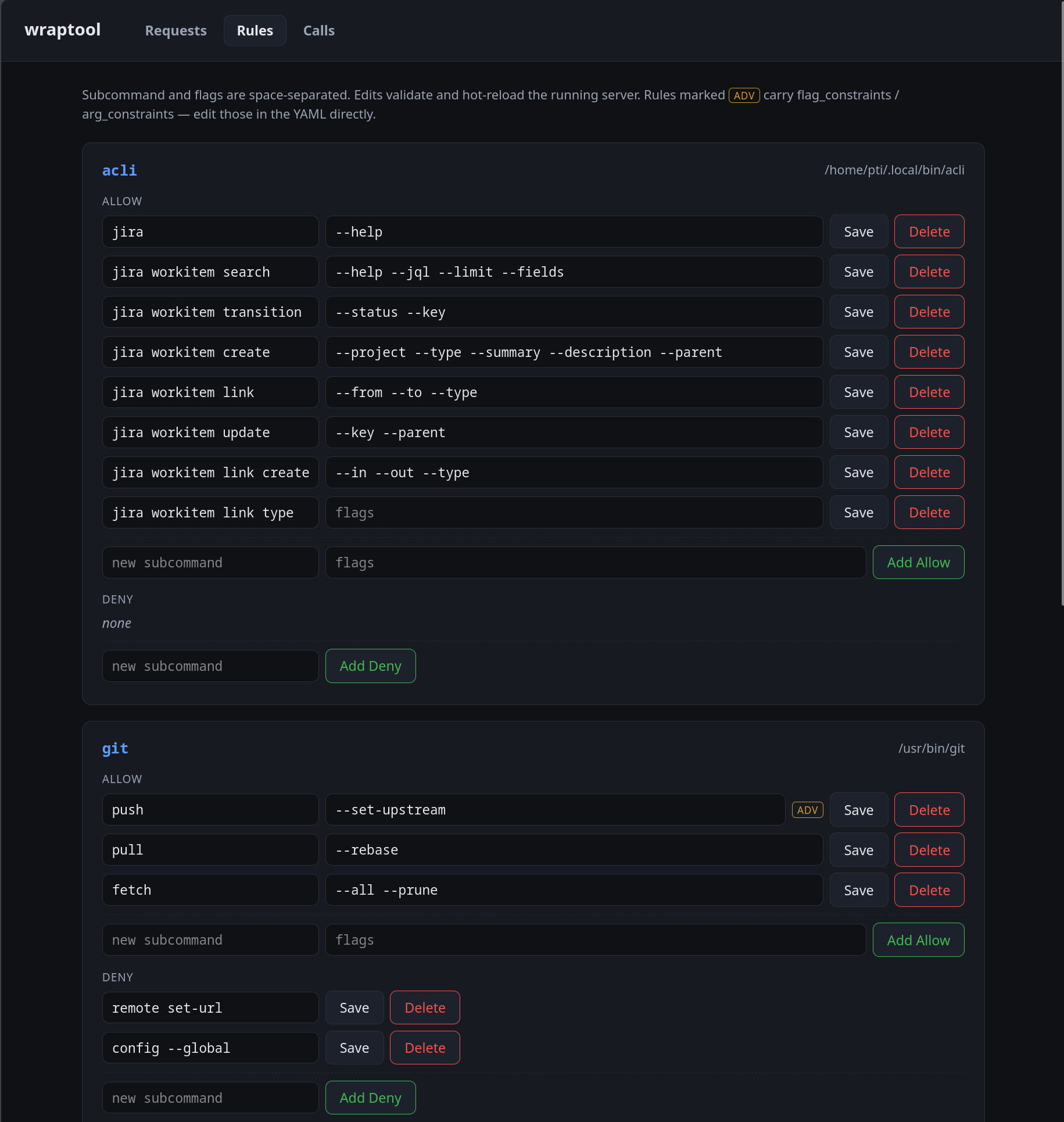 wraptool review UI Rules page showing acli and git tool cards with allow and deny rules and edit controls